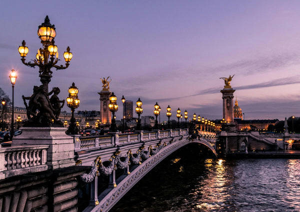 Pont Alexandre III in Paris at dusk, its lamps lit above the Seine.