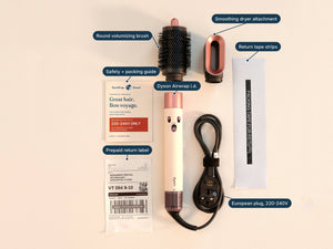 What to expect: EuroWrap rental kit with a 220–240V Dyson Airwrap, two attachments and a prepaid return label